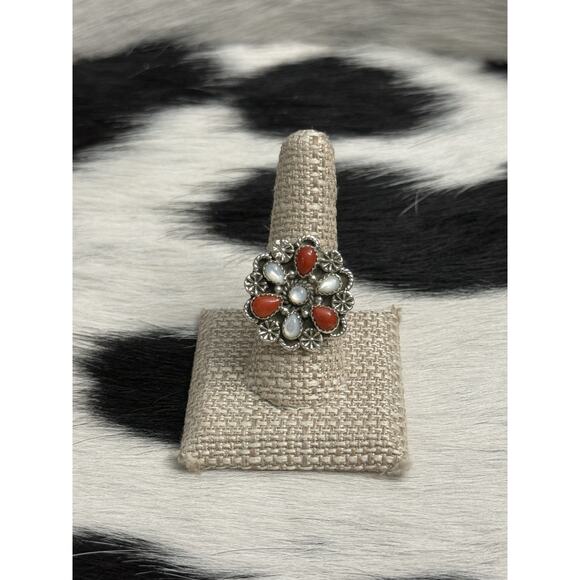 Native American Sterling Silver Red Coral Mother Pearl Cluster Flower Ring Adjst - Picture 4 of 13